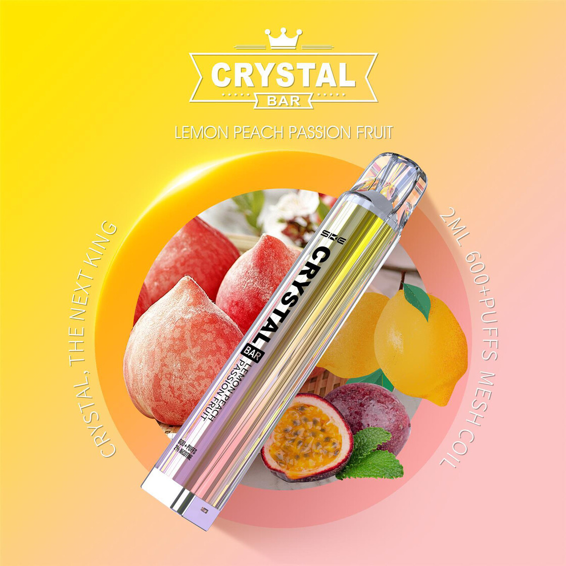 Crystal Bar - Vape Einweg E-Zigarette Lemon Peach Passion Fruit 2% Nikotin 600 Züge